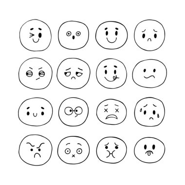 Mutlu el, komik gülen yüzler çizdi. Emoji simgeleri. Çizilmiş yüz ifadeleri ayarlandı. Kawaii tarzı. Çizgi film karakteri koleksiyonu. Vektör illüstrasyonu