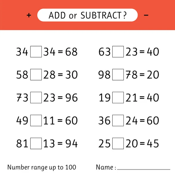 Sečtěte Nebo Odečtěte Rozsah Čísel Až100 Matematická Cvičení Sčítání Odčítání — Stockový vektor