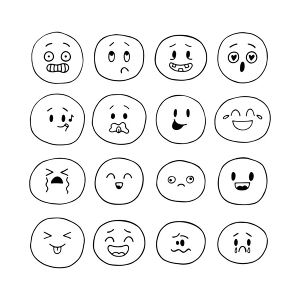 Caras Sonrientes Dibujadas Mano Iconos Emoji Conjunto Expresiones Faciales Esbozadas — Vector de stock