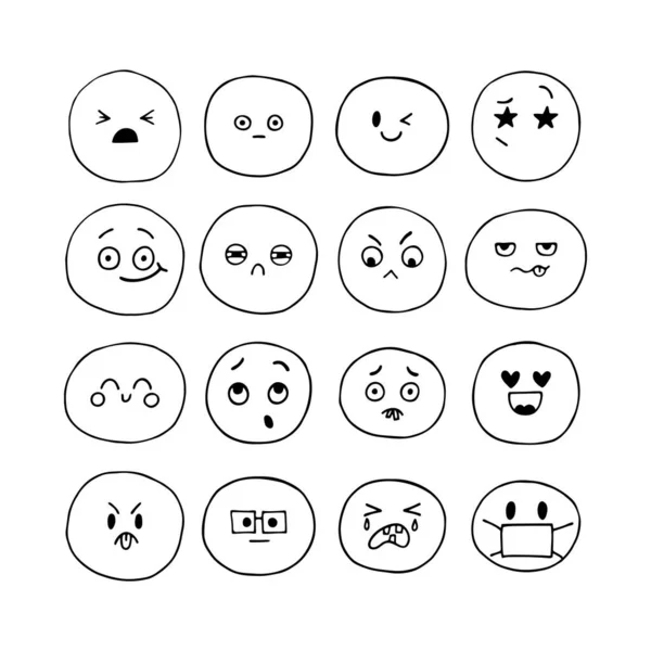 Ícones Emoji Feliz Mão Desenhada Caras Sorridentes Engraçadas Conjunto Expressões — Vetor de Stock