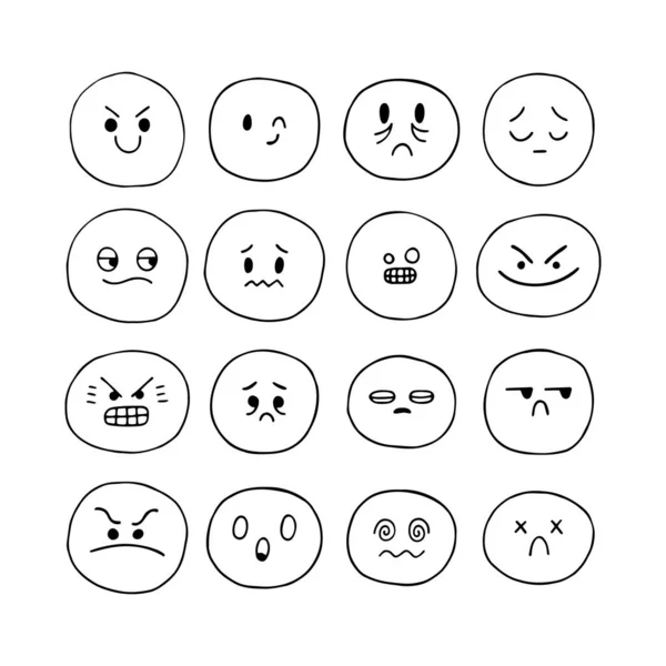Met Hand Getekende Grappige Smiley Gezichten Geschetste Gezichtsuitdrukkingen Ingesteld Emoji — Stockvector