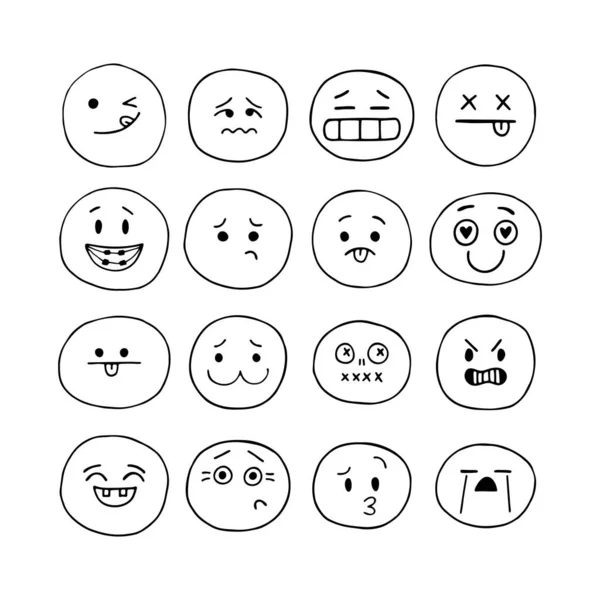 Mano Feliz Dibujado Caras Sonrientes Divertidas Conjunto Expresiones Faciales Esbozadas — Archivo Imágenes Vectoriales