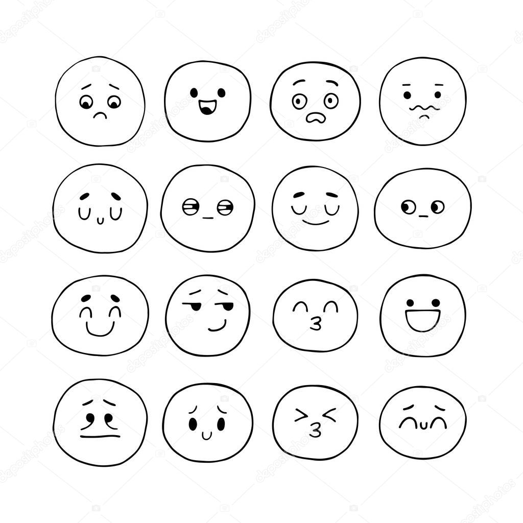 Hand drawn funny smiley faces. Sketched facial expressions set. Kawaii style. Collection of cartoon emotional characters. Emoji icons. Vector illustration