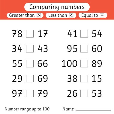Rakamları karşılaştırıyorum. Küçüktür, büyüktür, eşittir. Sayı aralığı 100 'e çıktı. İlkokul. Çocuklar için çalışma kağıtları. Vektör illüstrasyonu