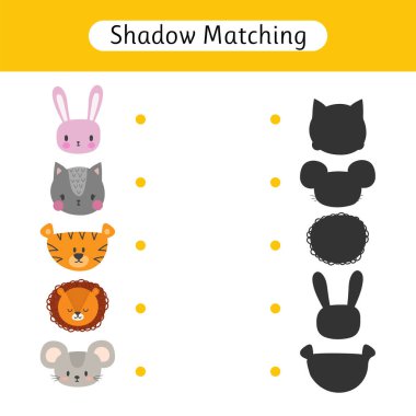 Doğru gölgeyi bul. Çocuklar için gölge eşleştirme oyunu. Hayvanlarla çalışma tablosu. Anaokulu ve okul çağı için çocuk aktivitesi. Vektör illüstrasyonu