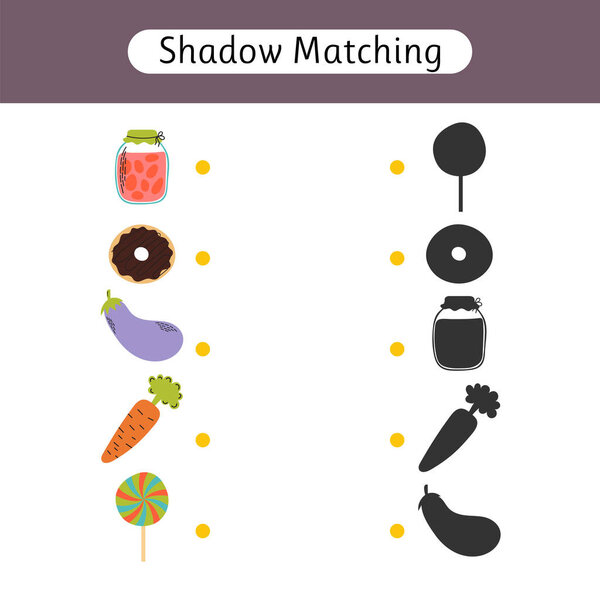 Тень соответствия игры для детей. Найдите правильную тень. Детская активность для юного возраста. Рабочий лист с едой. Векторная иллюстрация
