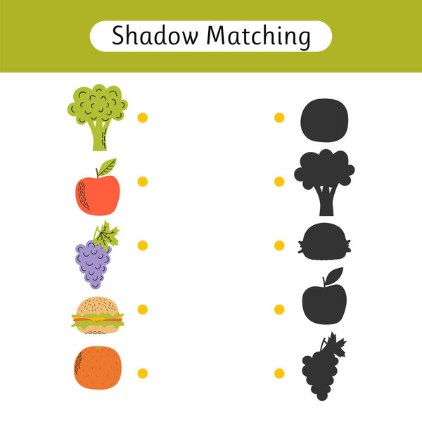 Тень соответствия игры для детей. Рабочий лист с едой. Найдите правильную тень. Детская активность для дошкольного возраста. Векторная иллюстрация