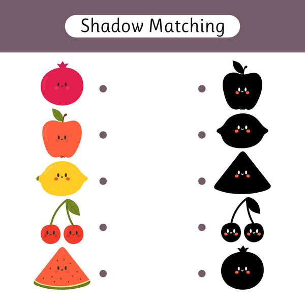 Тень соответствия игры для детей. Рабочие простыни с милыми фруктами. Найдите правильную тень. Детская активность для дошкольного возраста. Векторная иллюстрация