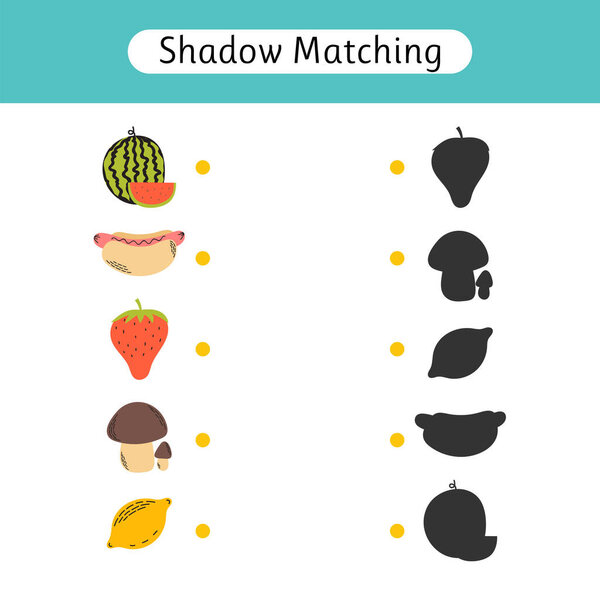 Тень соответствия игры для детей. Рабочие простыни с едой. Найдите правильную тень. Детская активность для дошкольного возраста. Векторная иллюстрация