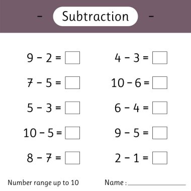 Çıkarma. Sayı aralığı 10 'a kadar. Çocuklar için matematik ödevi. Örnekler çöz ve yaz. Sayısal yetenekler geliştiriyorum. Matematik. Vektör illüstrasyonu