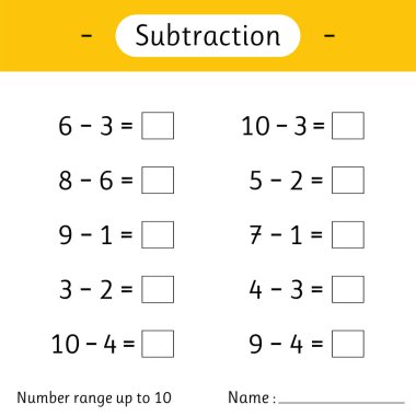 Çıkarma. Sayı aralığı 10 'a kadar. Çocuklar için matematik ödevi. Örnekler çöz ve yaz. Matematik. Sayısal yetenekler geliştiriyorum. Vektör illüstrasyonu