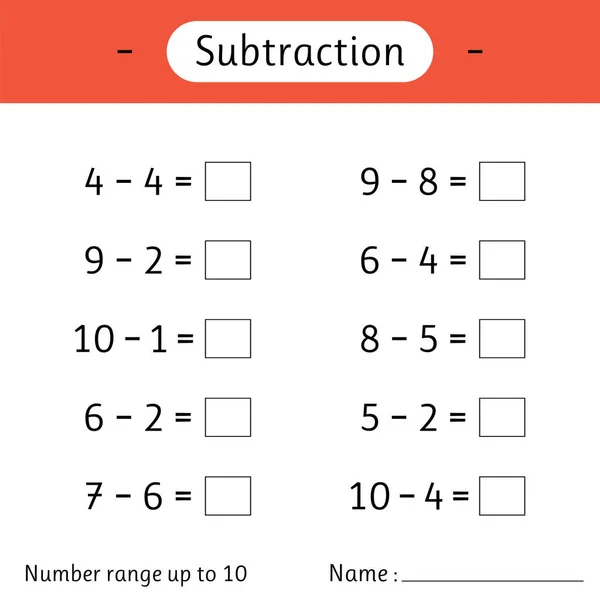 Odčítání Rozsah Čísel Až10 Matematika Matematický List Pro Děti Řešte — Stockový vektor