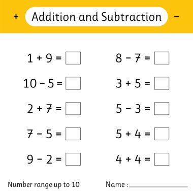 Toplama ve çıkarma. Sayı aralığı 10 'a kadar. Çocuklar için matematik ödevi. Örnekler çöz ve yaz. Sayısal yetenekler geliştiriyorum. Matematik. Vektör illüstrasyonu
