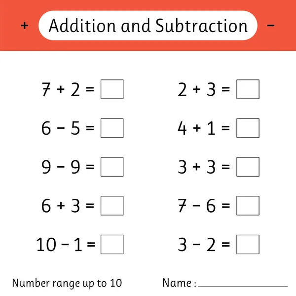 Addition Und Subtraktion Die Anzahl Reicht Bis Mathe Arbeitsblatt Für — Stockvektor