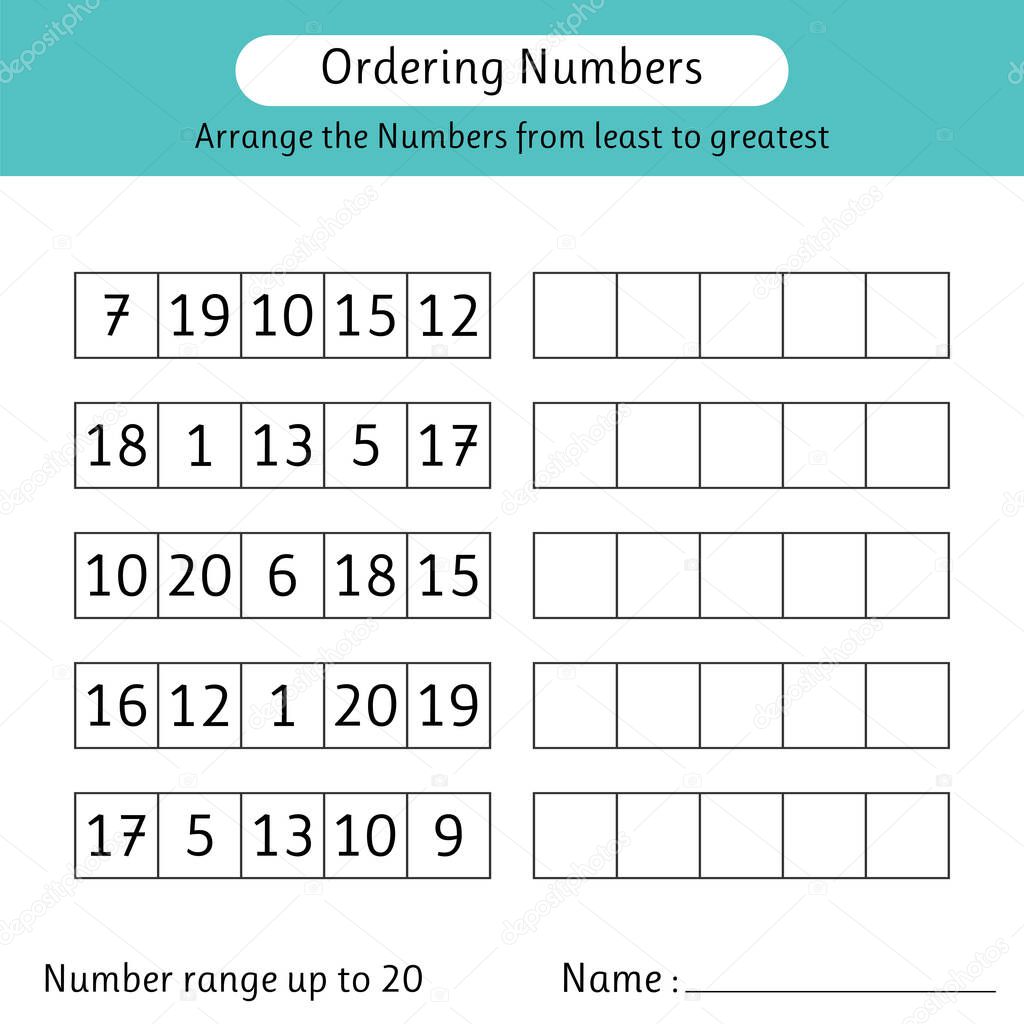 Ordering numbers worksheet. Arrange the numbers from least to greatest. Math. Number range up to 20. Vector illustration