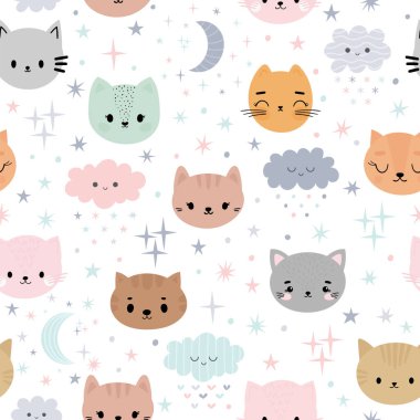 Çizgi filmdeki küçük kedileri olan çocuklar için hoş, pürüzsüz bir desen. Ay, yıldızlar, kedicikler ve bulutlarla donatılmış çocuklar. Güzel hayvanlar. Vektör illüstrasyonu