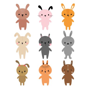 Sevimli tavşanlar. Bir dizi şirin çizgi film hayvanı. Tavşancık. Bebek kıyafetleri tasarlamak için uygun. El çizimi gülümseyen karakterler. Mutlu hayvan. Vektör illüstrasyonu