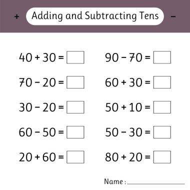 Toplama ve çıkarma onlukları. Okul eğitimi. Mantıksal düşüncenin gelişimi. Matematik. Çocuklar için matematik ödevleri. Vektör illüstrasyonu