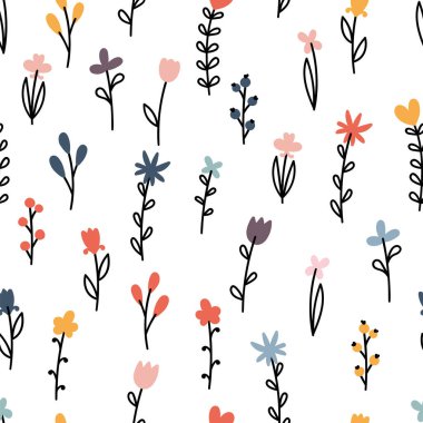 Sevimli çiçeksiz desen. El yapımı botanik elementler. Çiçekli arka plan. İskandinav moda baskısı. Vektör illüstrasyonu