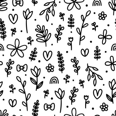 Elle çizilmiş çiçeksiz desen. Çiçekler ve yapraklarla sevimli bir arka plan. İskandinav tarzı. Basit grafik tasarımı. Vektör illüstrasyonu