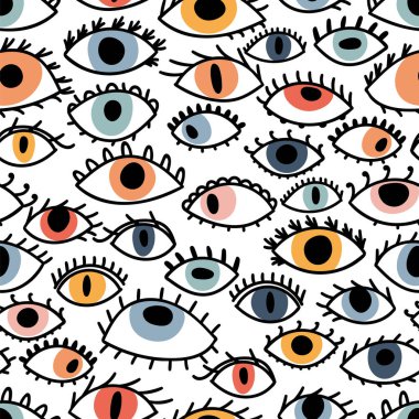 Elle çizilmiş renkli gözlerle kusursuz bir desen. Şık bir arka plan. Moda tarzı. Kem göz, büyü, büyücülük. Vektör illüstrasyonu