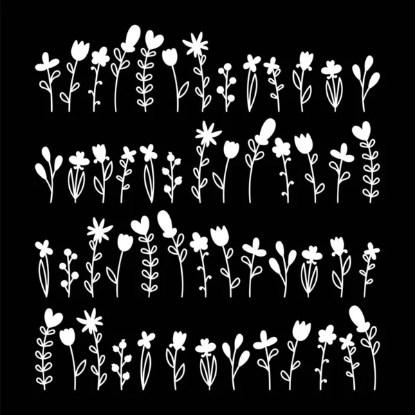 Grand Ensemble Fleurs Éléments Floraux Botaniques Dessinés Main Style Noir — Image vectorielle