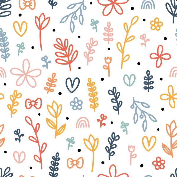 Hand Drawn Floral Seamless Pattern Cute Background Colored Flowers Leaves — Stock Vector