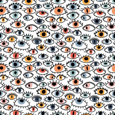 Elle çizilmiş renkli gözlerle kusursuz bir desen. Moda tarzı. Kem göz, büyü, büyücülük. Şık bir arka plan. Vektör illüstrasyonu
