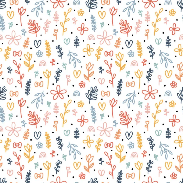 Hand Drawn Floral Seamless Pattern Cute Background Colored Flowers Leaves — Vector de stock