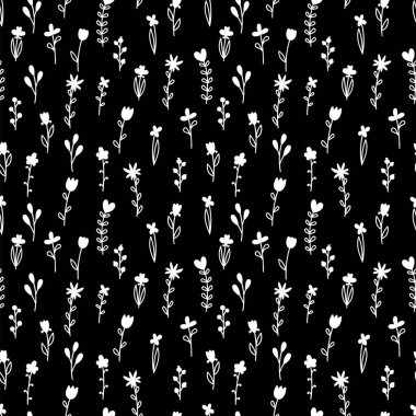 Sevimli çiçeksiz desen. El yapımı botanik elementler. İskandinav moda baskısı. Çiçekli siyah arka plan. Vektör illüstrasyonu