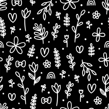Elle çizilmiş çiçeksiz desen. Siyah arka planda güzel çiçekler ve yapraklar. Basit grafik tasarımı. İskandinav tarzı. Vektör illüstrasyonu