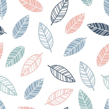 Elle çizilmiş yapraklarla kusursuz desen. Çiçek arkaplan. Kumaş, ambalaj ve tekstil için hoş bir süs. Vektör illüstrasyonu