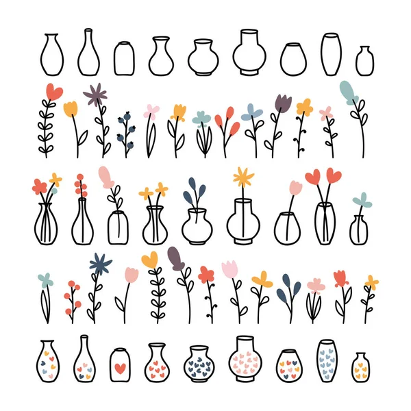 Ensemble Vases Dessinés Main Bouquets Floraux Avec Des Pots Des — Image vectorielle
