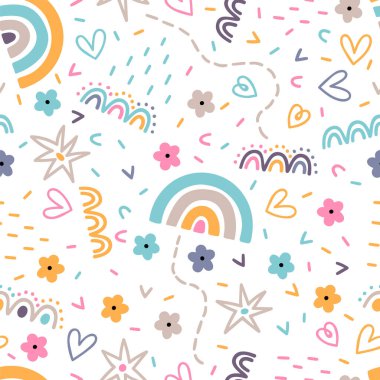 Sevimli İskandinav kusursuz deseni. El çizimi bebek odası tasarımı. Kumaş, tekstil, bez, ambalaj kağıdı için modaya uygun bebek dokusu. Çocuksu bir geçmiş. Vektör illüstrasyonu