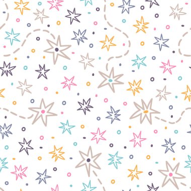 El çizimi, yıldızlar ve parıltılarla kusursuz desen. Boşluk. Takımyıldızı. Tekstil, kumaş, ambalaj, duvar kâğıdı için tasarım. İskandinav karalama stili. Vektör illüstrasyonu