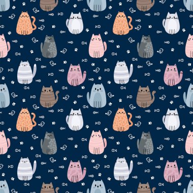 Koyu arka planda sevimli kedileri ve kedileri olan kusursuz bir desen. Karalama karakterleri. Baskı için tasarım. Vektör illüstrasyonu