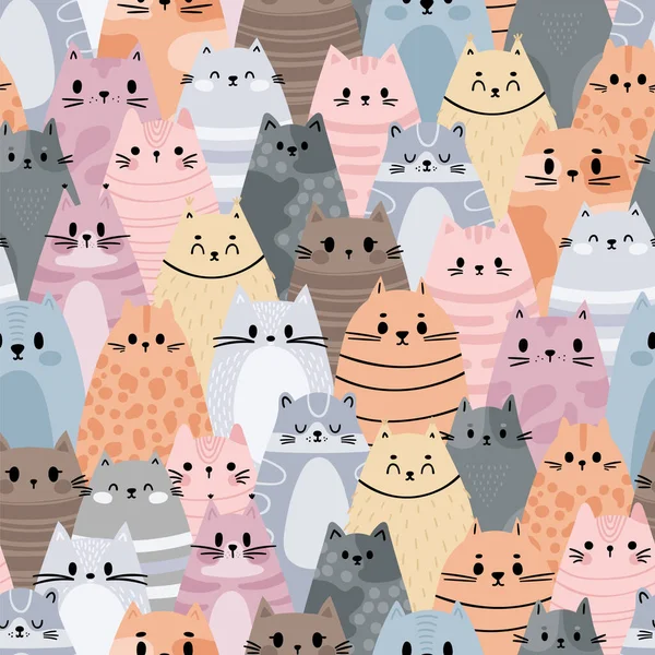 Lindo Patrón Sin Costuras Con Gatos Gatitos Divertidos Doodle Personajes — Vector de stock