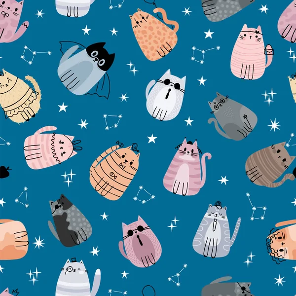 Söt Sömlös Mönster Med Stiliserade Tecknade Katter Rymden Förtjusande Doodlefigurer — Stock vektor