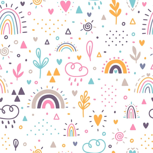 Hand Drawn Seamless Pattern Childish Background Rainbows Nursery Design Kids — Stock Vector