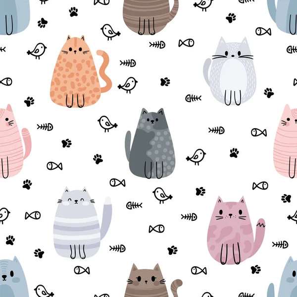 Seamless Pattern Cute Cats Kittens Doodle Characters Design Printing Vector — Stock Vector