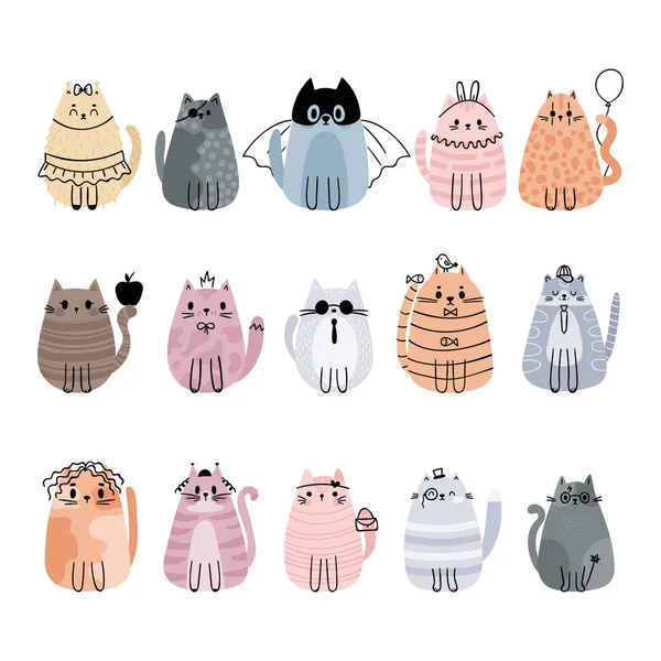Zestaw Cute Stylizowane Koty Kreskówki Śmieszne Zwierzęta Uroczy Bohaterowie Postacie — Wektor stockowy