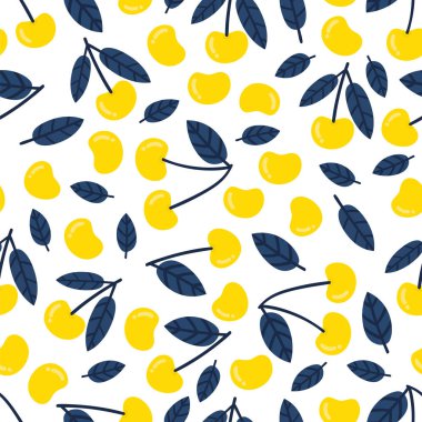 Sarı kirazlı hoş, pürüzsüz desen. Beyaz arka planda izole edilmiş tatlı sulu kirazlar. Organik meyveler. Tekstil, ambalaj, çocuk odası kağıtları. Vektör illüstrasyonu