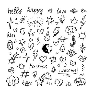 Karalama çizgisi farklı elementlerle ayarlandı. Dövme tasarımı. Güzel el çizimi karalamalar. Graffiti dekorasyonu. Vektör illüstrasyonu