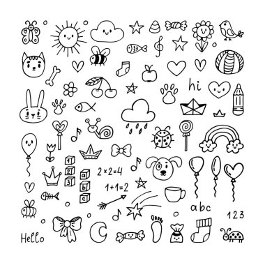 El çizimi elementler. Güzel karalama sanatı. Çocuk çizimi. Çocuk tarzında çizimler. Vektör illüstrasyonu
