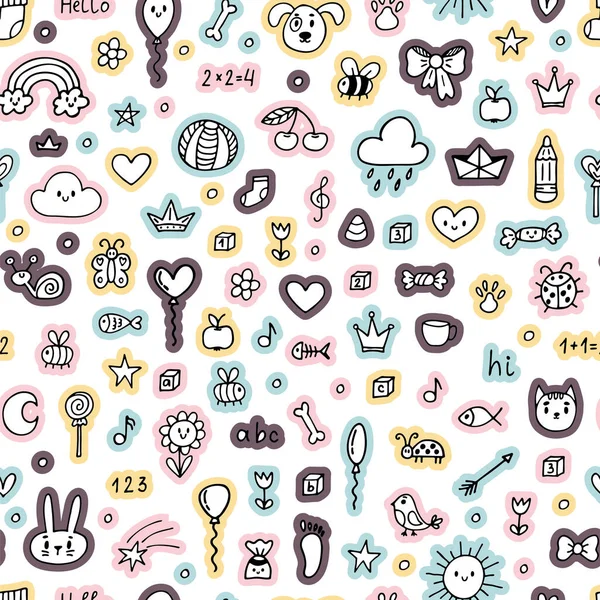 Cute Hand Darwn Seamless Pattern Sketch Elements Background Little Kids — Stock Vector