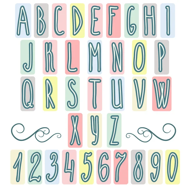 Kleurrijke alfabet en cijfers. Hand getrokken — Stockvector