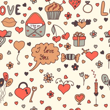 Romantik seamless modeli. Karikatür tarzı çok güzel arka plan