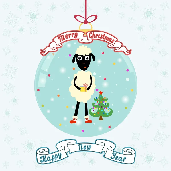 Christmas ball with cute sheep and Christmas tree. Merry Christm — Stock Vector