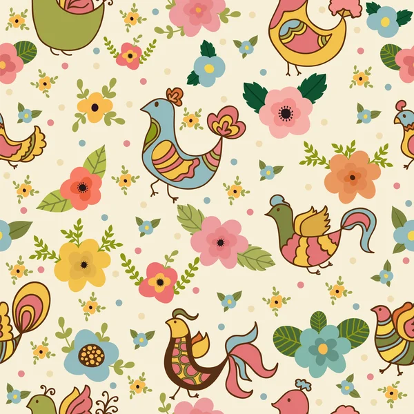 Motif sans couture avec des oiseaux de dessin animé mignons et des fleurs — Image vectorielle