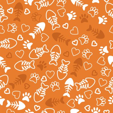 Seamless pattern with cat paw prints, fish bone and hearts. Oran clipart